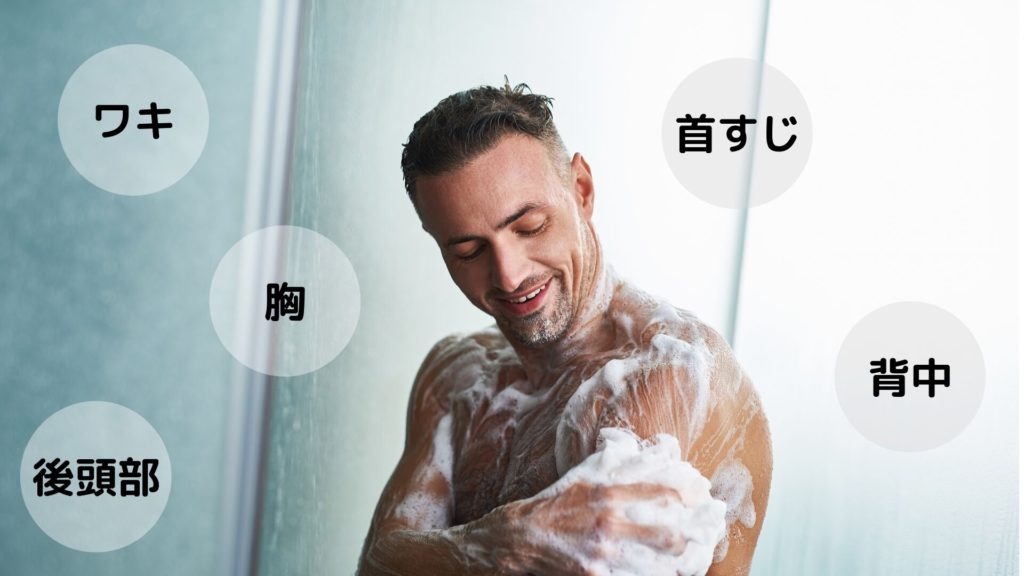 体を洗う男性